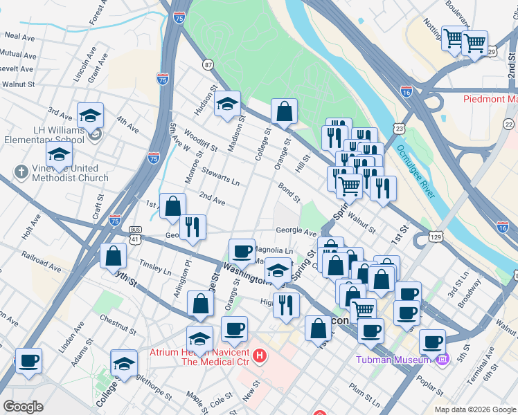 map of restaurants, bars, coffee shops, grocery stores, and more near 312 College Street in Macon