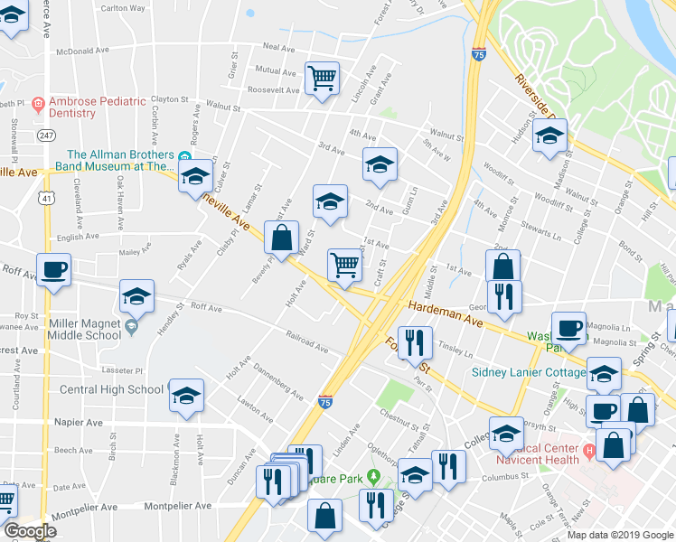 map of restaurants, bars, coffee shops, grocery stores, and more near 1985 Vineville Avenue in Macon