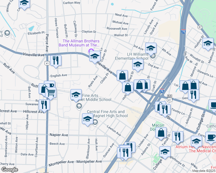 map of restaurants, bars, coffee shops, grocery stores, and more near 2056 Vineville Avenue in Macon