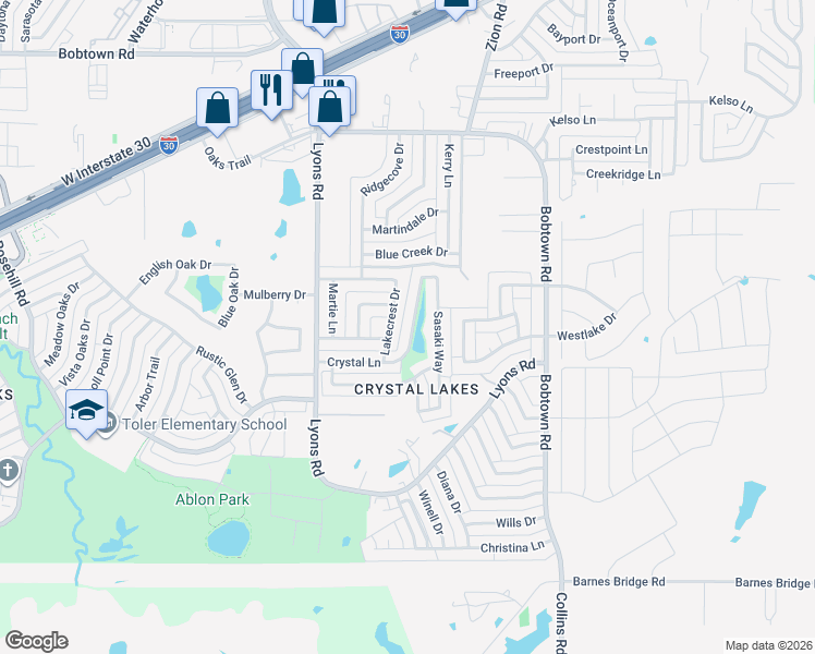 map of restaurants, bars, coffee shops, grocery stores, and more near 4413 Crystal Lane in Garland