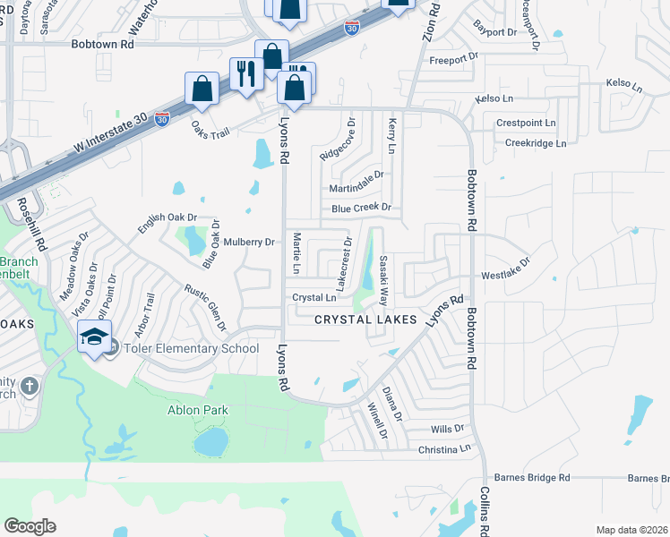 map of restaurants, bars, coffee shops, grocery stores, and more near 5906 Highcrest Drive in Garland