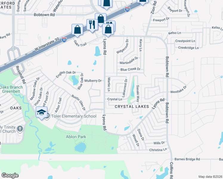 map of restaurants, bars, coffee shops, grocery stores, and more near 6002 Martie Lane in Garland