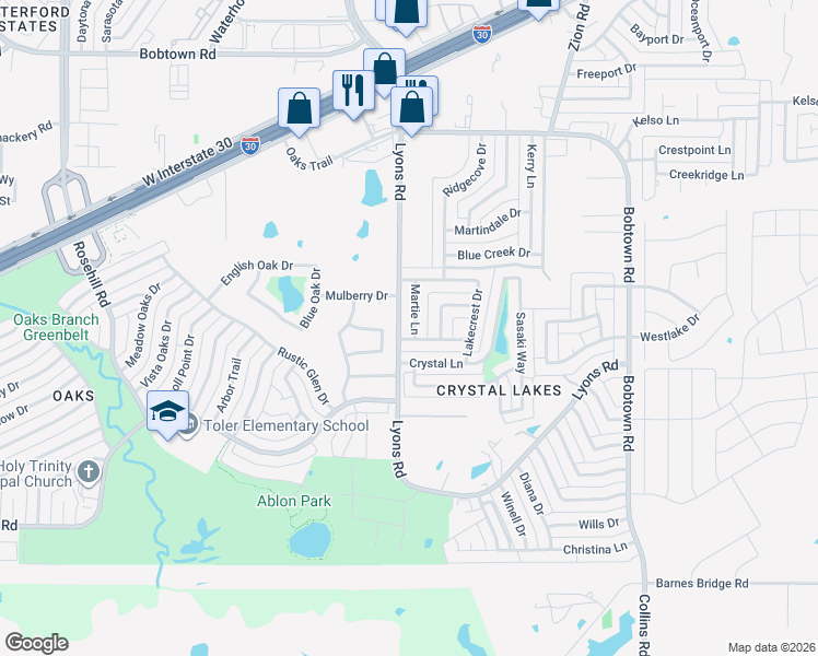 map of restaurants, bars, coffee shops, grocery stores, and more near 6002 Martie Lane in Garland