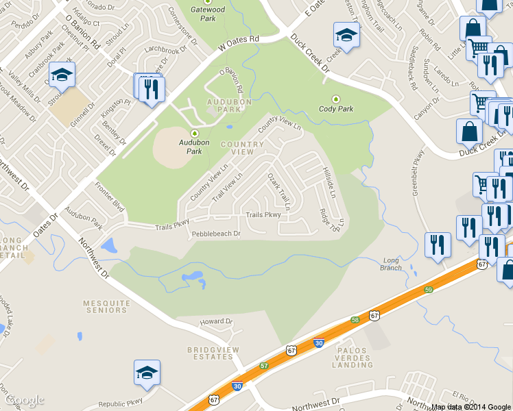 map of restaurants, bars, coffee shops, grocery stores, and more near 6005 Ponderosa Trail Court in Garland