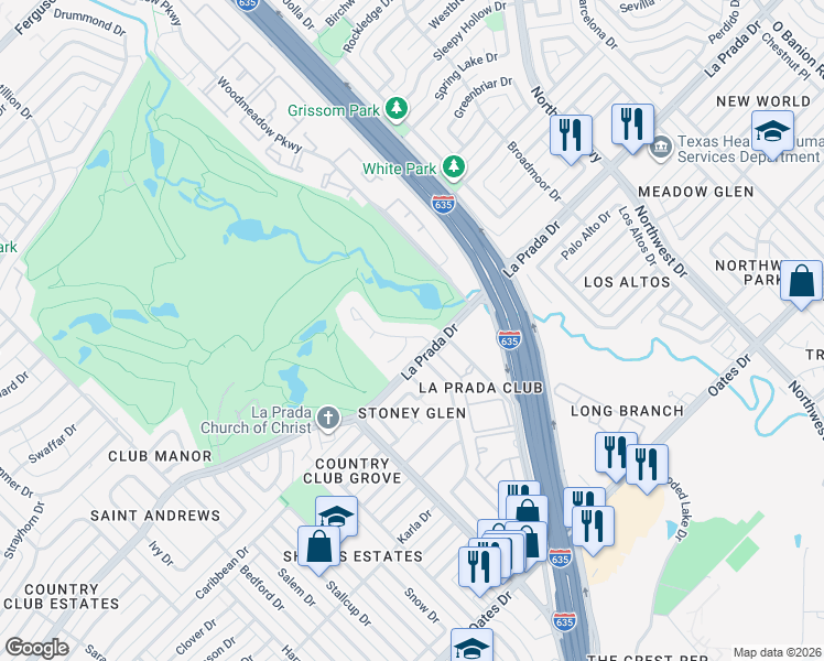map of restaurants, bars, coffee shops, grocery stores, and more near 4031 Fairlakes Drive in Dallas