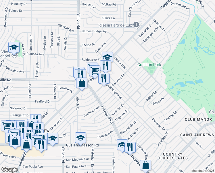 map of restaurants, bars, coffee shops, grocery stores, and more near 10514 Sandra Lynn Drive in Dallas