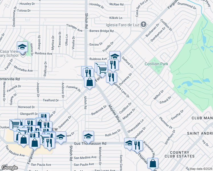 map of restaurants, bars, coffee shops, grocery stores, and more near 10834 Ferguson Road in Dallas