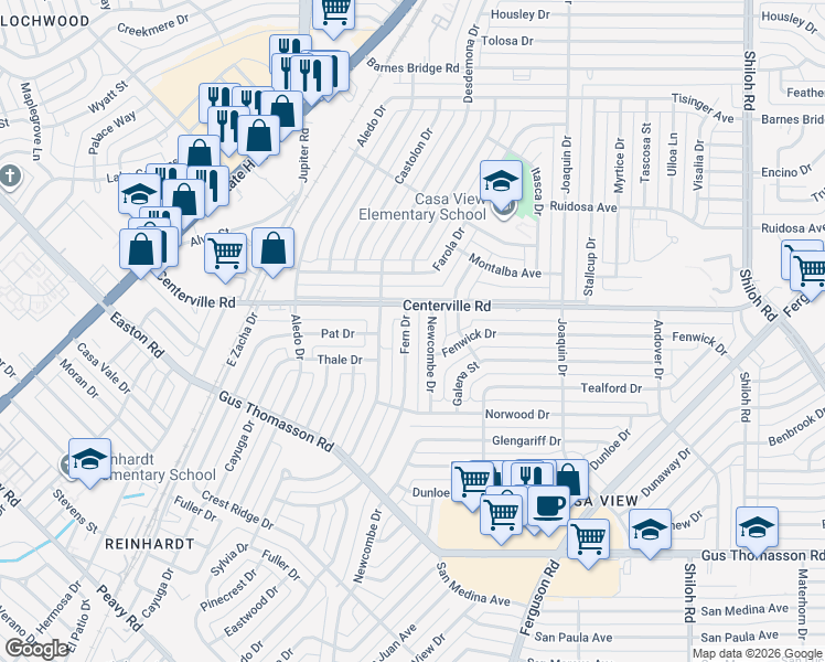 map of restaurants, bars, coffee shops, grocery stores, and more near 10627 Fern Drive in Dallas