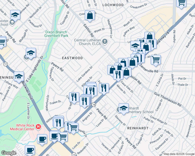 map of restaurants, bars, coffee shops, grocery stores, and more near 10210 Kilarney Drive in Dallas