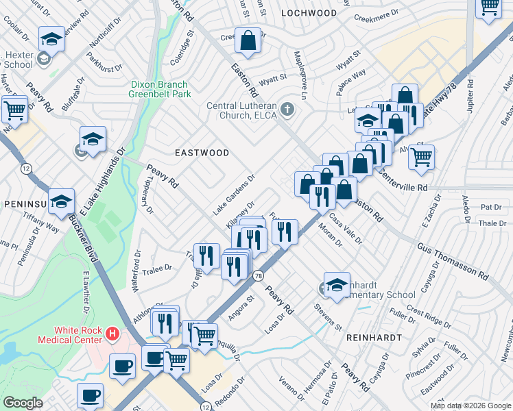 map of restaurants, bars, coffee shops, grocery stores, and more near 10210 Kilarney Drive in Dallas