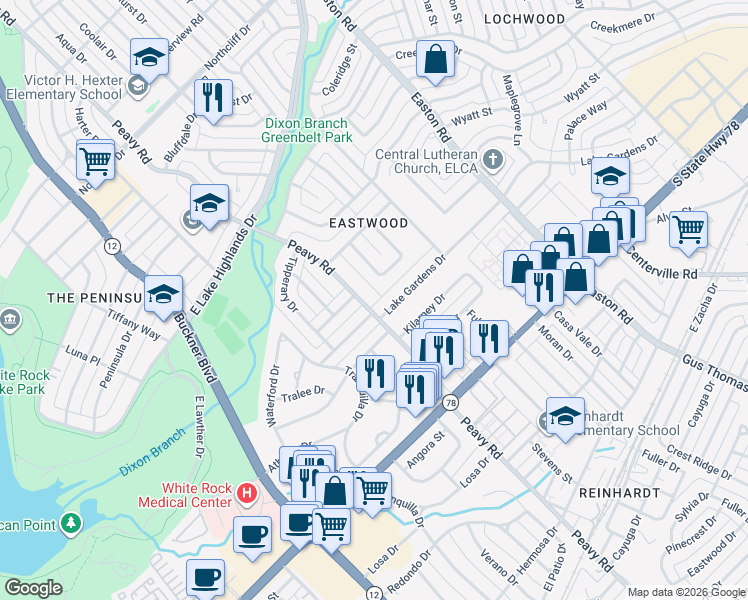 map of restaurants, bars, coffee shops, grocery stores, and more near 993 South Rustic Circle in Dallas