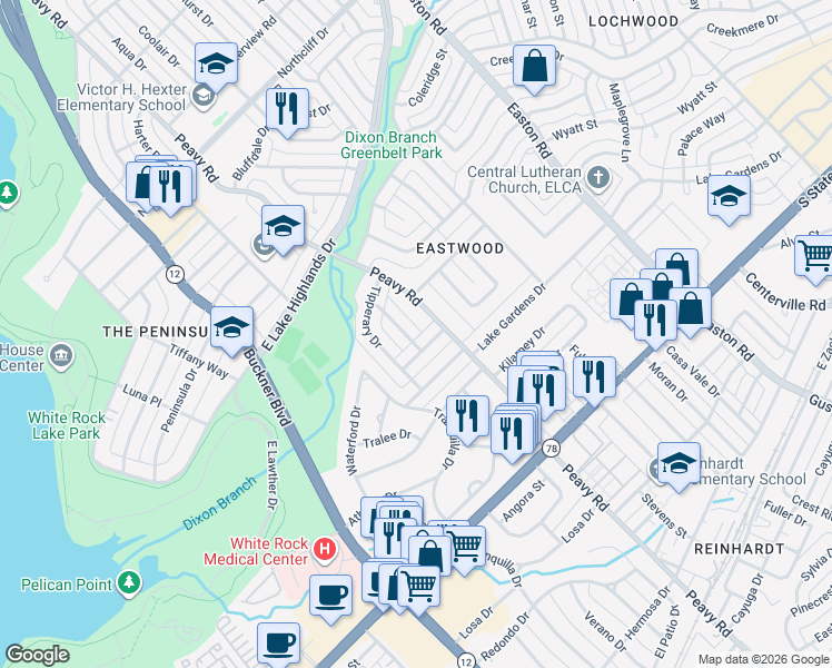 map of restaurants, bars, coffee shops, grocery stores, and more near 930 Bridget Drive in Dallas