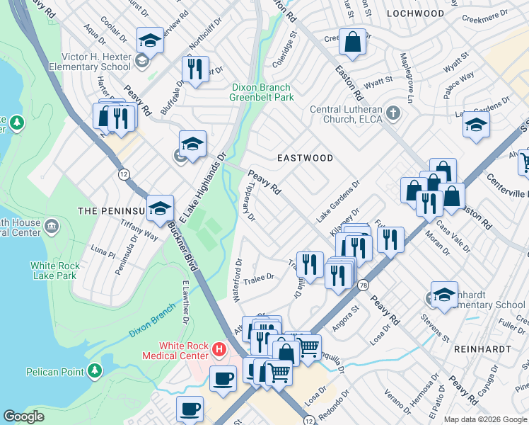 map of restaurants, bars, coffee shops, grocery stores, and more near 930 Bridget Lane in Dallas