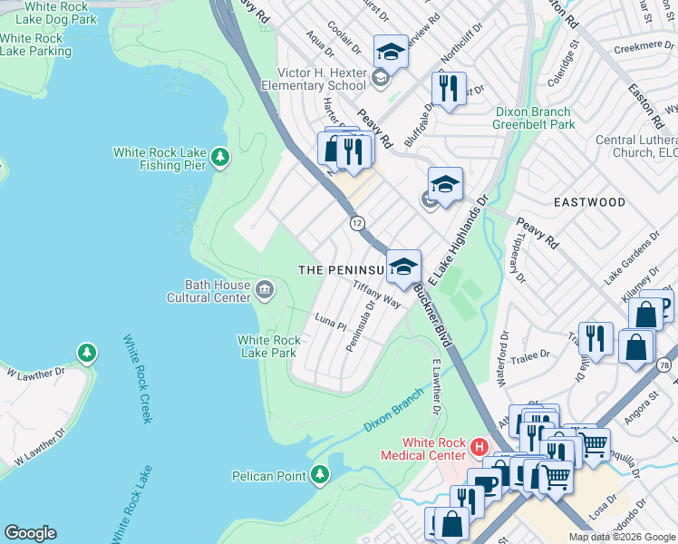 map of restaurants, bars, coffee shops, grocery stores, and more near 9406 West Lake Highlands Drive in Dallas