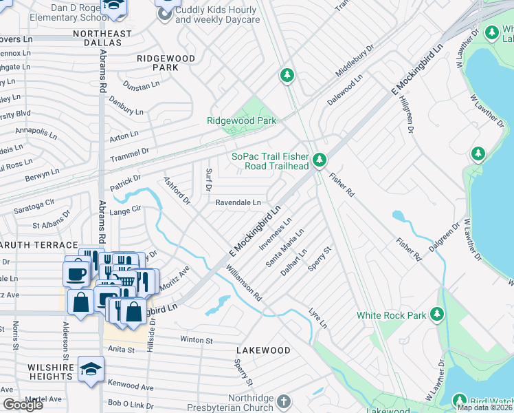map of restaurants, bars, coffee shops, grocery stores, and more near 4514 Rockaway Drive in Dallas