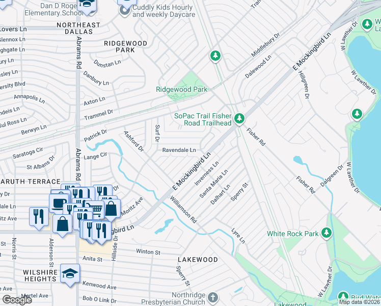 map of restaurants, bars, coffee shops, grocery stores, and more near 6823 Ravendale Lane in Dallas
