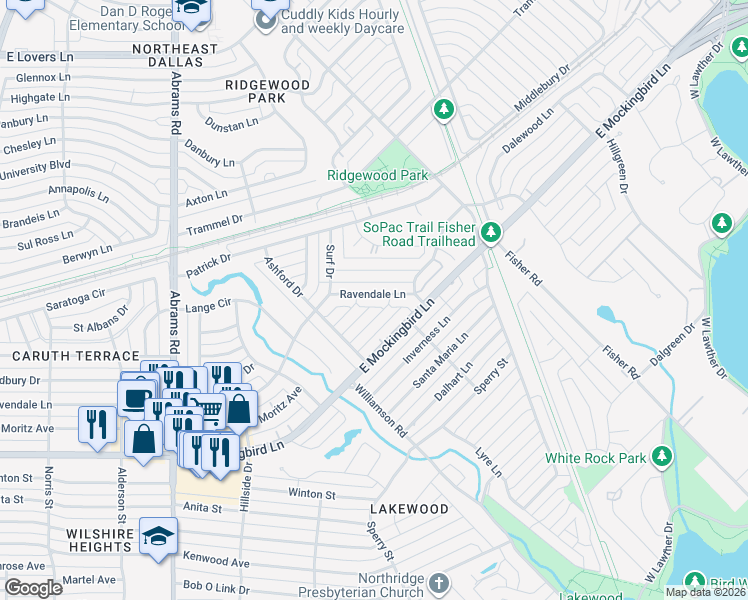 map of restaurants, bars, coffee shops, grocery stores, and more near 6823 Ravendale Lane in Dallas