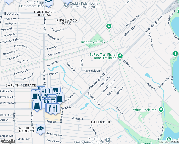 map of restaurants, bars, coffee shops, grocery stores, and more near 6747 Ravendale Lane in Dallas