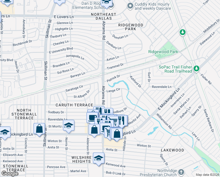 map of restaurants, bars, coffee shops, grocery stores, and more near 6416 Patrick Drive in Dallas