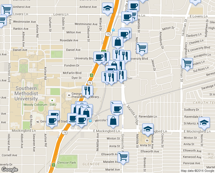 map of restaurants, bars, coffee shops, grocery stores, and more near 4500 Prentice Street in Dallas