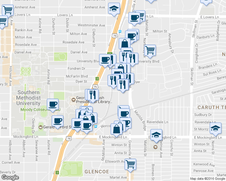 map of restaurants, bars, coffee shops, grocery stores, and more near 5601 SMU Boulevard in Dallas