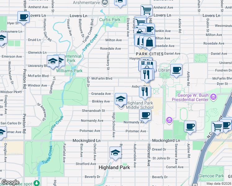 map of restaurants, bars, coffee shops, grocery stores, and more near 3601 Asbury Street in Dallas