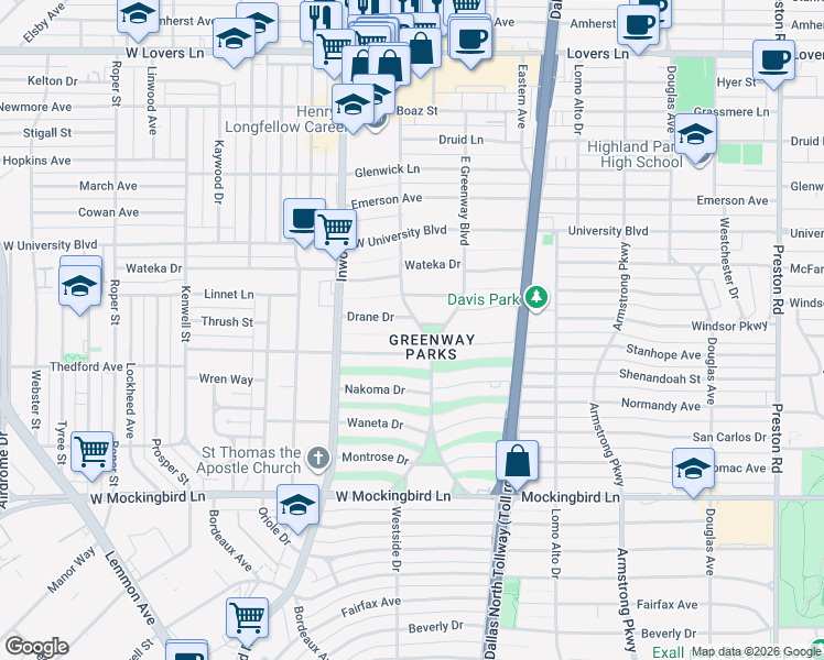 map of restaurants, bars, coffee shops, grocery stores, and more near 5359 Drane Drive in Dallas