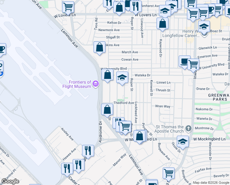map of restaurants, bars, coffee shops, grocery stores, and more near 6911 Tyree Street in Dallas
