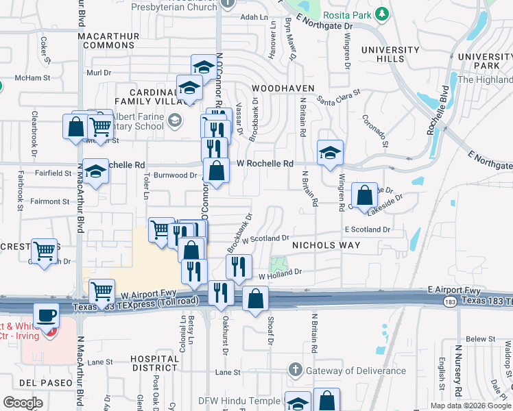 map of restaurants, bars, coffee shops, grocery stores, and more near 2709 Brockbank Drive in Irving