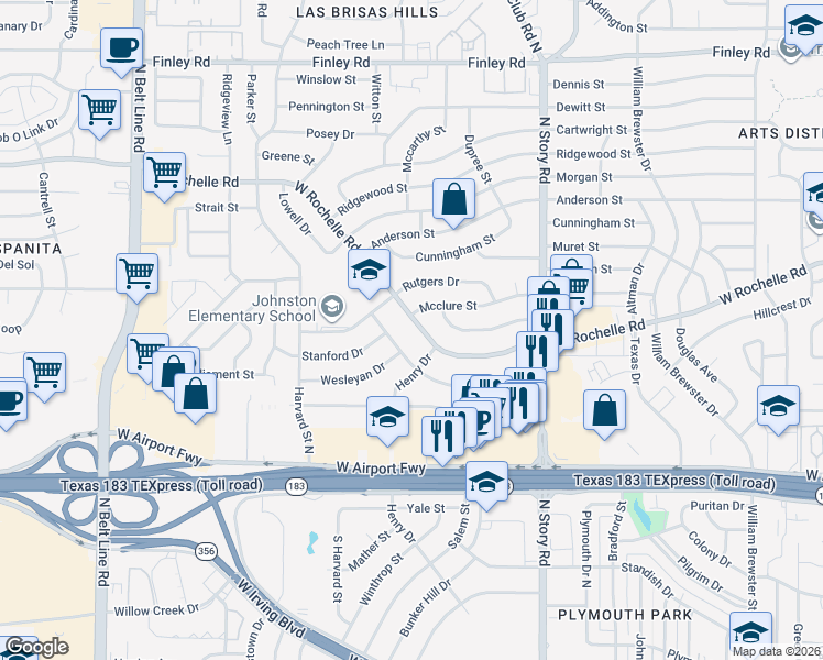 map of restaurants, bars, coffee shops, grocery stores, and more near 2553 West Rochelle Road in Irving