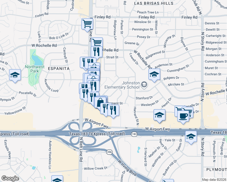 map of restaurants, bars, coffee shops, grocery stores, and more near 3101 Commonwealth Street in Irving