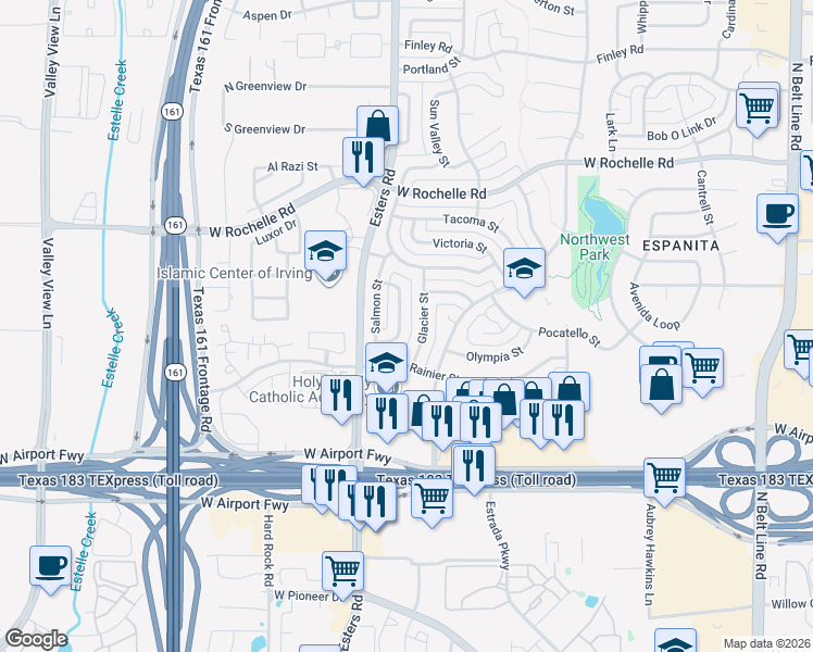 map of restaurants, bars, coffee shops, grocery stores, and more near 2505 Coulee Street in Irving