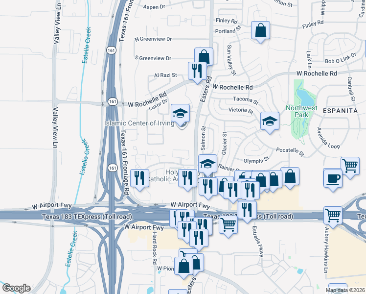map of restaurants, bars, coffee shops, grocery stores, and more near 2536 Kent Drive in Irving