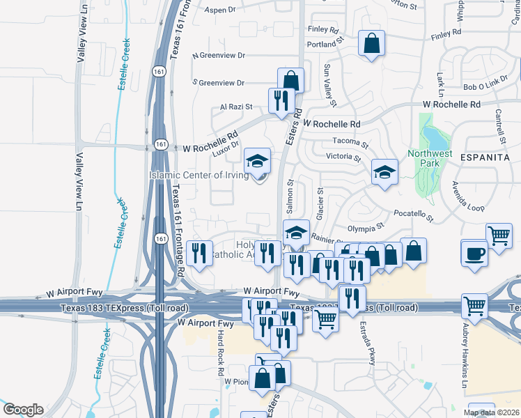 map of restaurants, bars, coffee shops, grocery stores, and more near 2536 Kent Drive in Irving