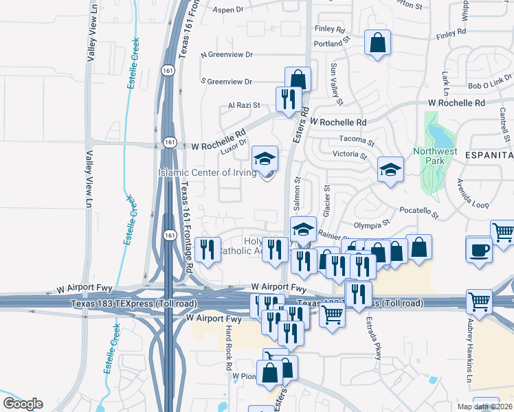 map of restaurants, bars, coffee shops, grocery stores, and more near 2536 Kent Drive in Irving