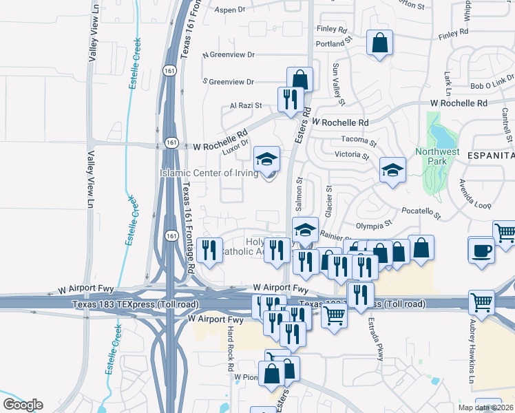 map of restaurants, bars, coffee shops, grocery stores, and more near 2536 Kent Drive in Irving