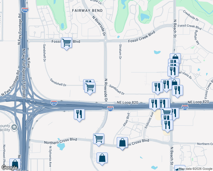 map of restaurants, bars, coffee shops, grocery stores, and more near 5515 North Riverside Drive in Fort Worth