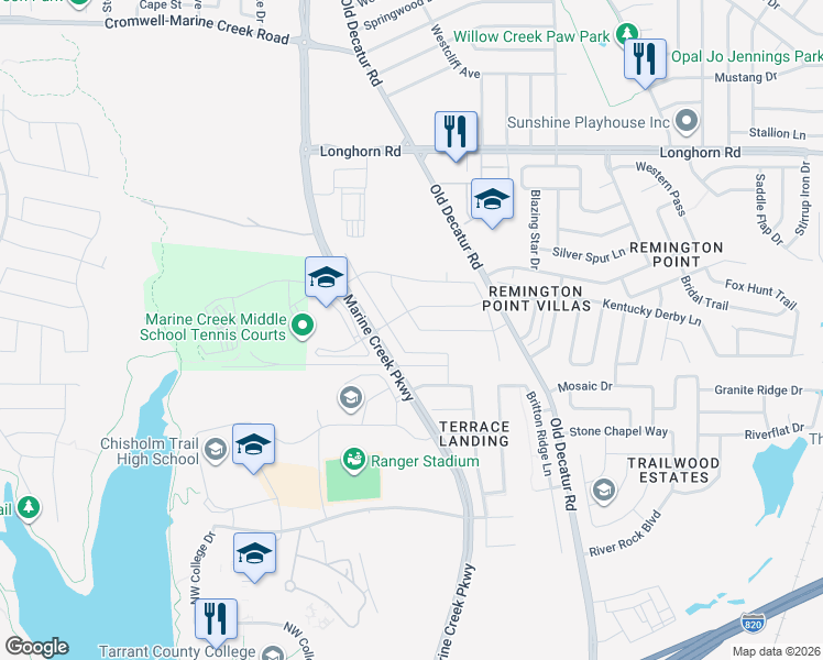 map of restaurants, bars, coffee shops, grocery stores, and more near 1253 Goodland Terrace in Fort Worth