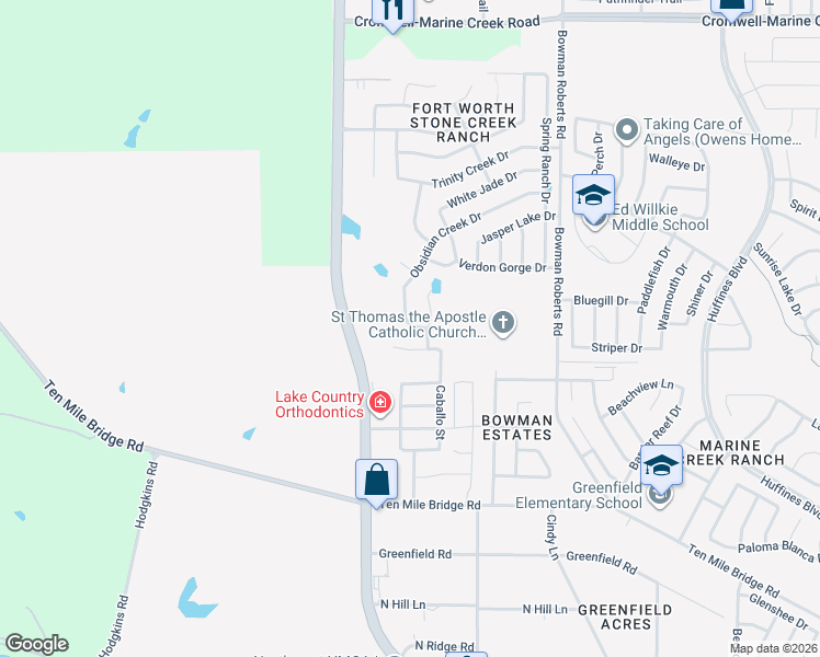 map of restaurants, bars, coffee shops, grocery stores, and more near 5932 Obsidian Creek Drive in Fort Worth