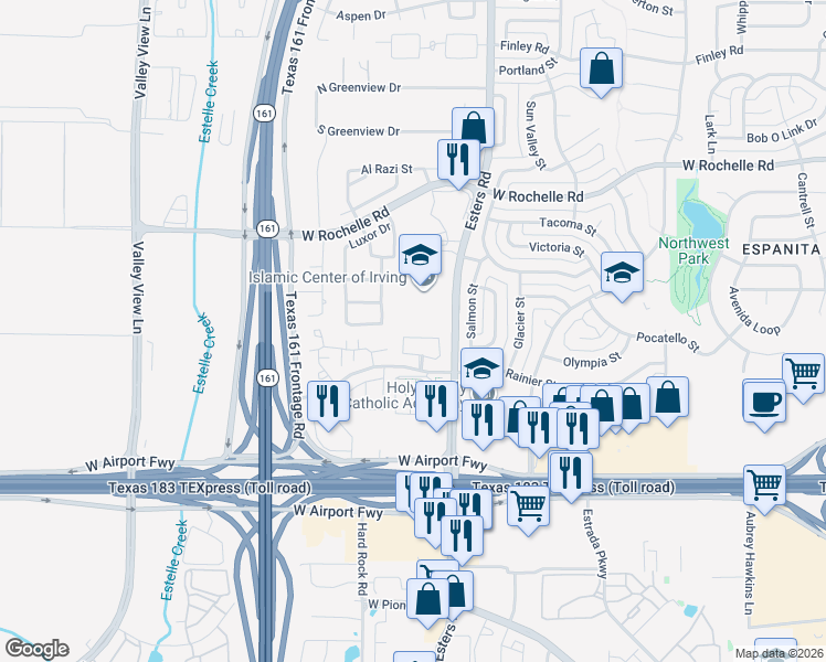map of restaurants, bars, coffee shops, grocery stores, and more near 2536 Kent Dr in Irving
