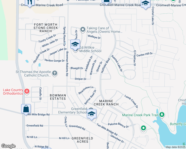 map of restaurants, bars, coffee shops, grocery stores, and more near 5904 Shiner Drive in Fort Worth