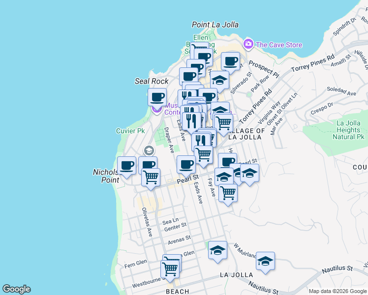 map of restaurants, bars, coffee shops, grocery stores, and more near 7612 Eads Avenue in San Diego