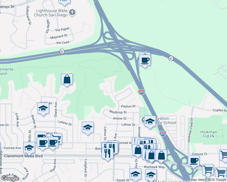 map of restaurants, bars, coffee shops, grocery stores, and more near 5409 Limerick Avenue in San Diego