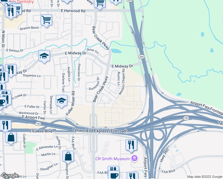 map of restaurants, bars, coffee shops, grocery stores, and more near 901 Grange Hall Drive in Euless