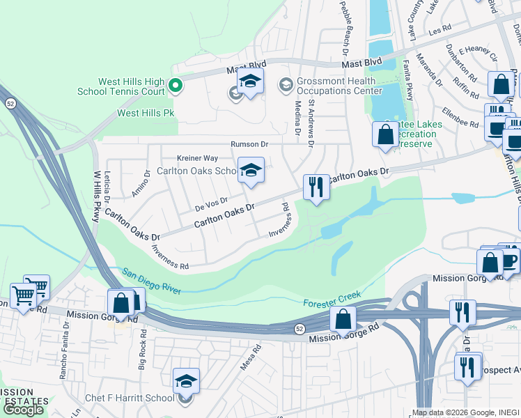 map of restaurants, bars, coffee shops, grocery stores, and more near 8607 Carlton Oaks Drive in Santee