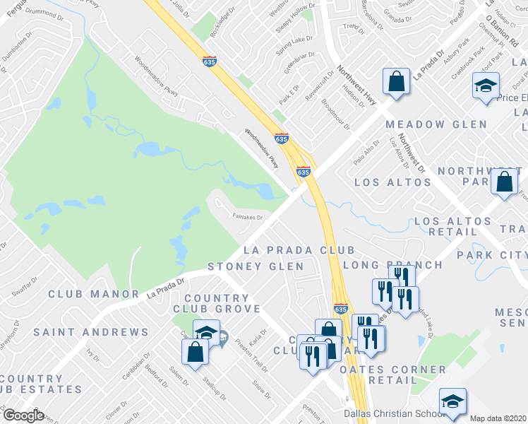 map of restaurants, bars, coffee shops, grocery stores, and more near 4031 Fairlakes Drive in Dallas