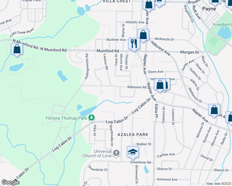 map of restaurants, bars, coffee shops, grocery stores, and more near 3447 Shamrock Avenue in Macon