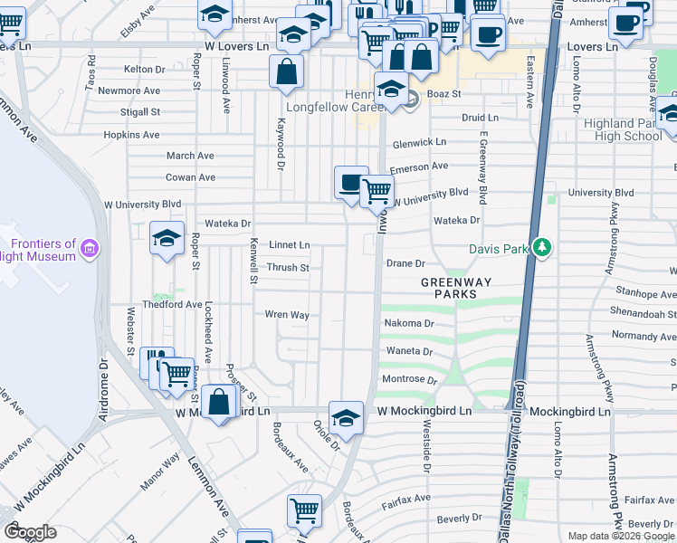 map of restaurants, bars, coffee shops, grocery stores, and more near 6929 Robin Road in Dallas