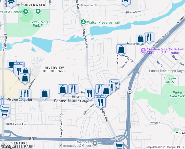 map of restaurants, bars, coffee shops, grocery stores, and more near 10710 Holly Meadows Drive in Santee
