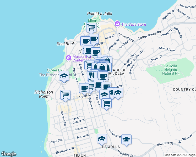 map of restaurants, bars, coffee shops, grocery stores, and more near 7611 Girard Avenue in San Diego